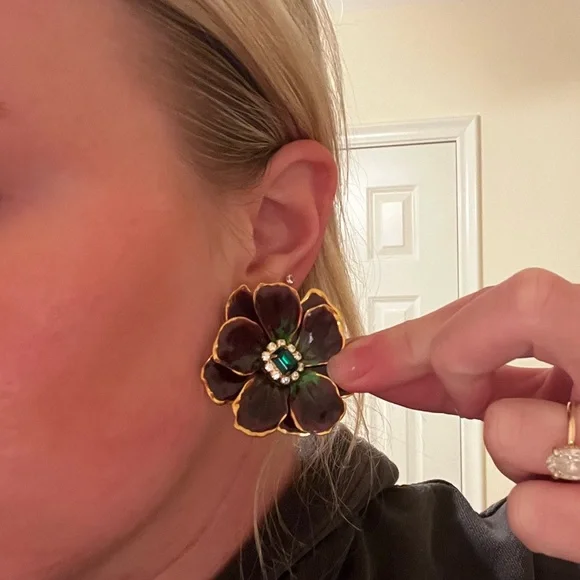 The Pink Reef Statement Floral Earrings with Gold Trim - Picture 2 of 3